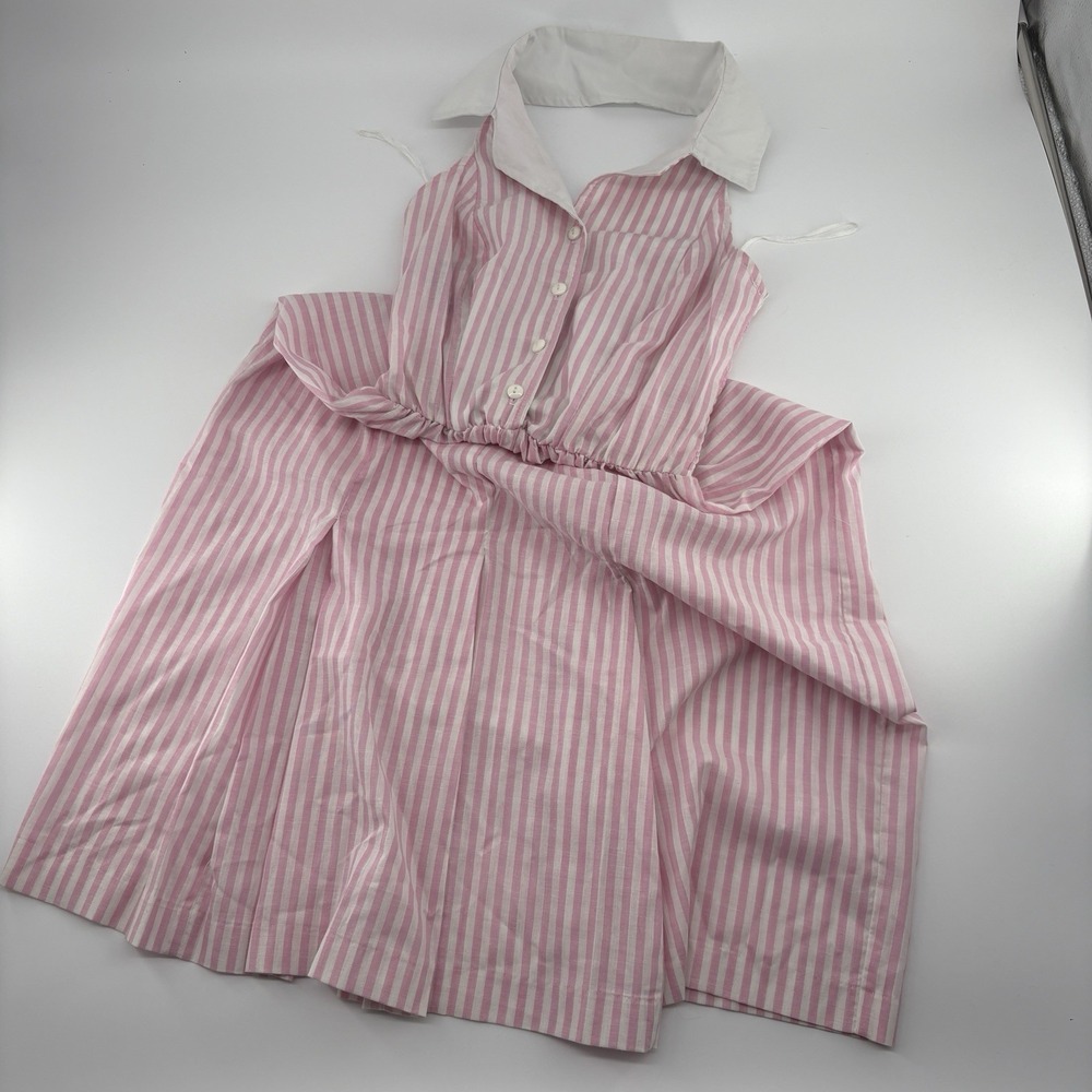 VTG 80s TABBY Pink White Candy Stripe Halter Dress‎ White Collar Smocked USA